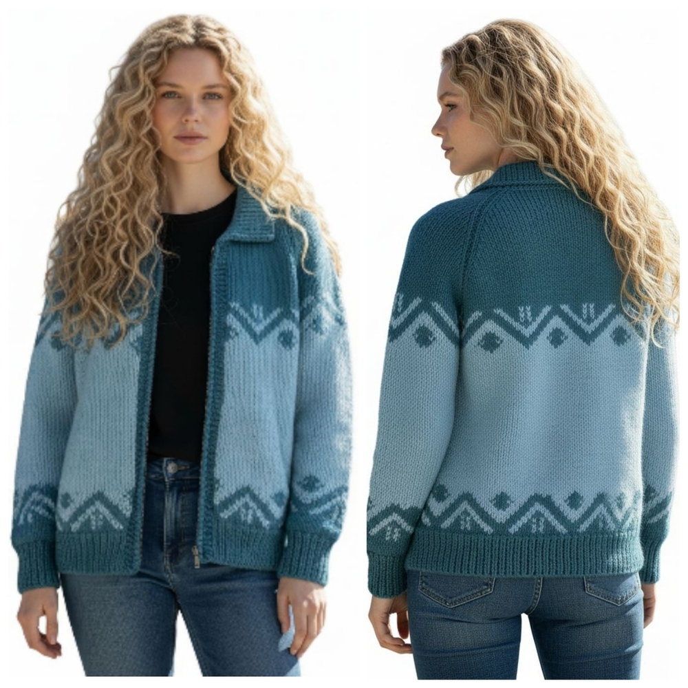 Women's Blue Patterned Cardigan Sweater - Picture 6 of 12